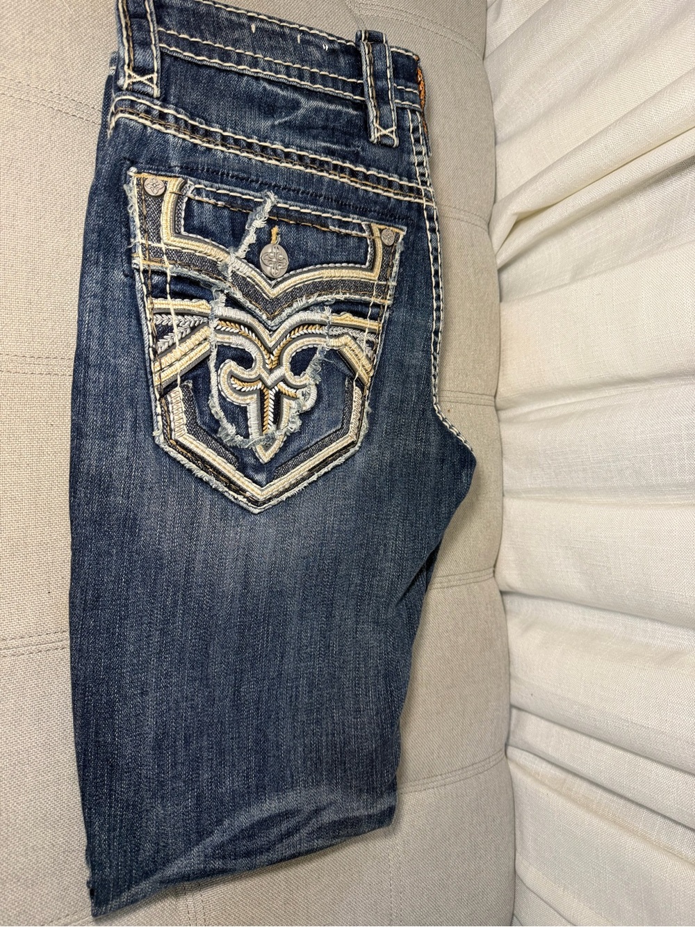 Rock Revival Men's Dark Blue Bootcut Jeans with Embroidered Back Pocket